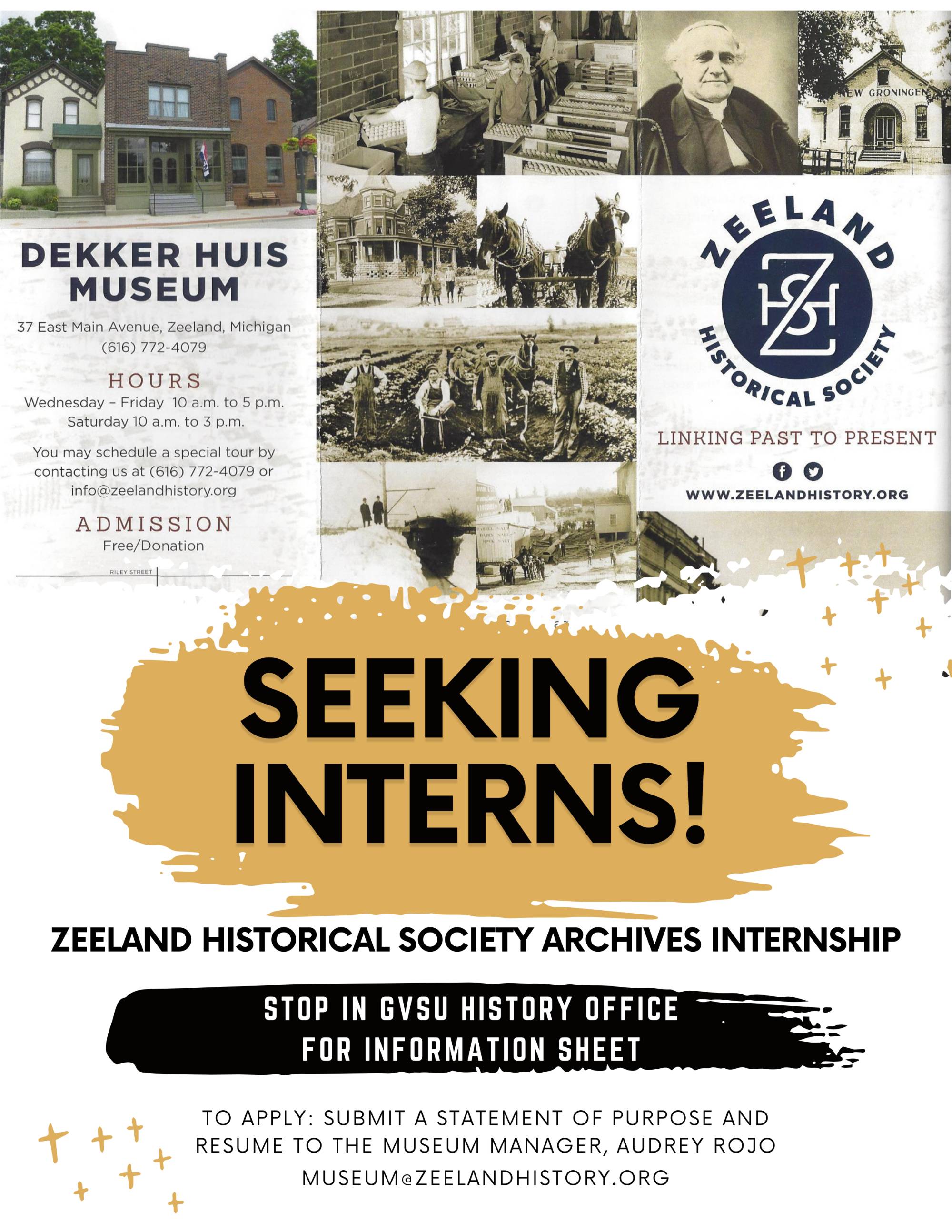 poster ad for zeeland historical society seeking two archival interns